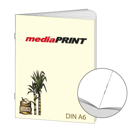 Broschüre aus Zuckerrohrpapier | DIN A6 16-Seiter | bedruckt